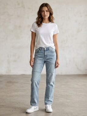 PacSun Light Wash Paneled Frayed Edges Low Rise Straight Leg Jeans Size 26